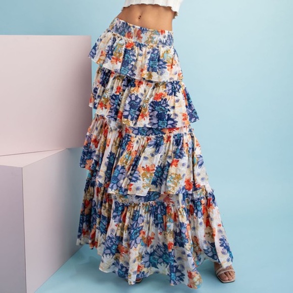 029 Boho Floral Tropical Print Smocked Waist Maxi Skirt - Picture 6 of 8